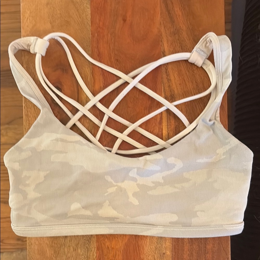Cream and White Strappy Sports Bra with Scoop Neckline